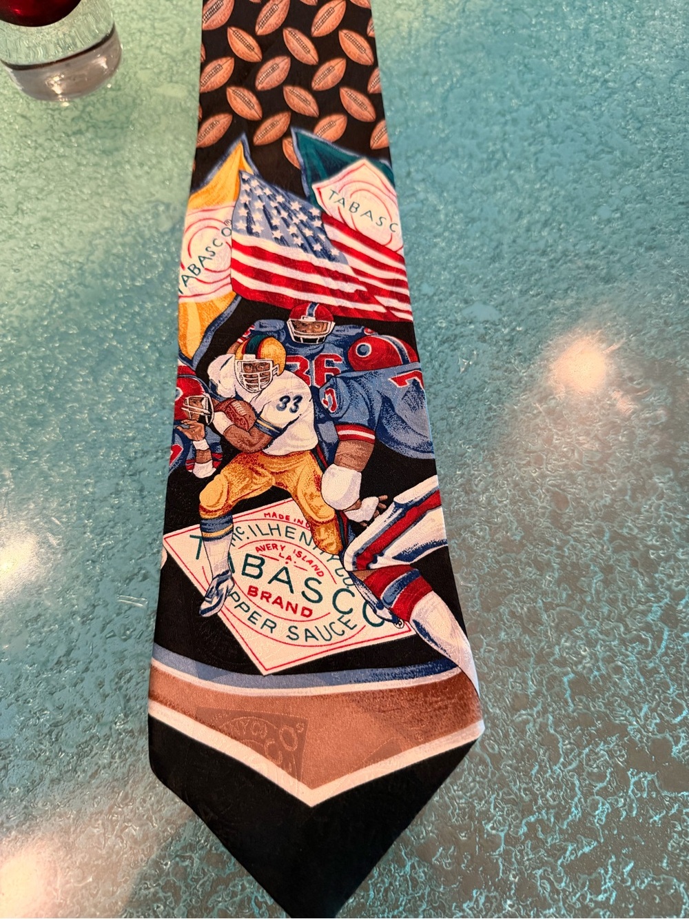 Tabasco Multicolor Football Scene Necktie on Black 59” 3.5”